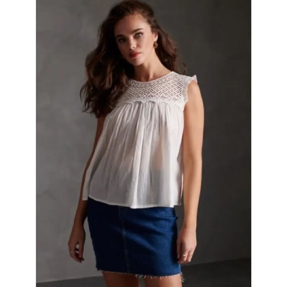 Democracy Lace White Sleeveless Crochet Yoke Top boho Cottagecore